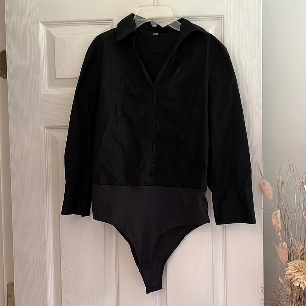 Poplin Button Down Black Bodysuit